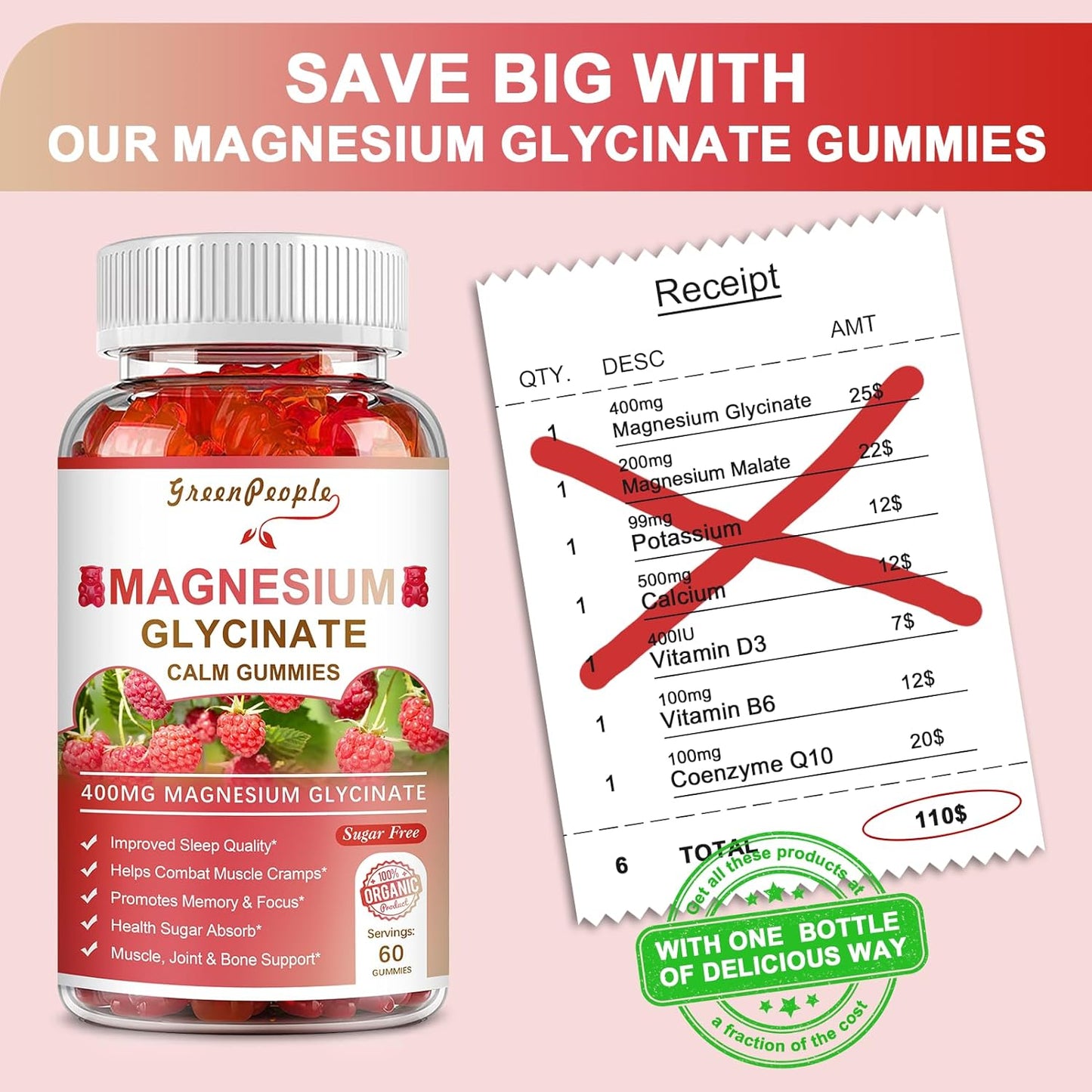GREENPEOPLE Magnesium Glycinate Gummies 400mg - Sugar Free Magnesium Potassium Supplement with Magnesio Malate, Vitamin D, B6, and CoQ10 for Calm Support & Sleep for Adults - Raspberry Gummies