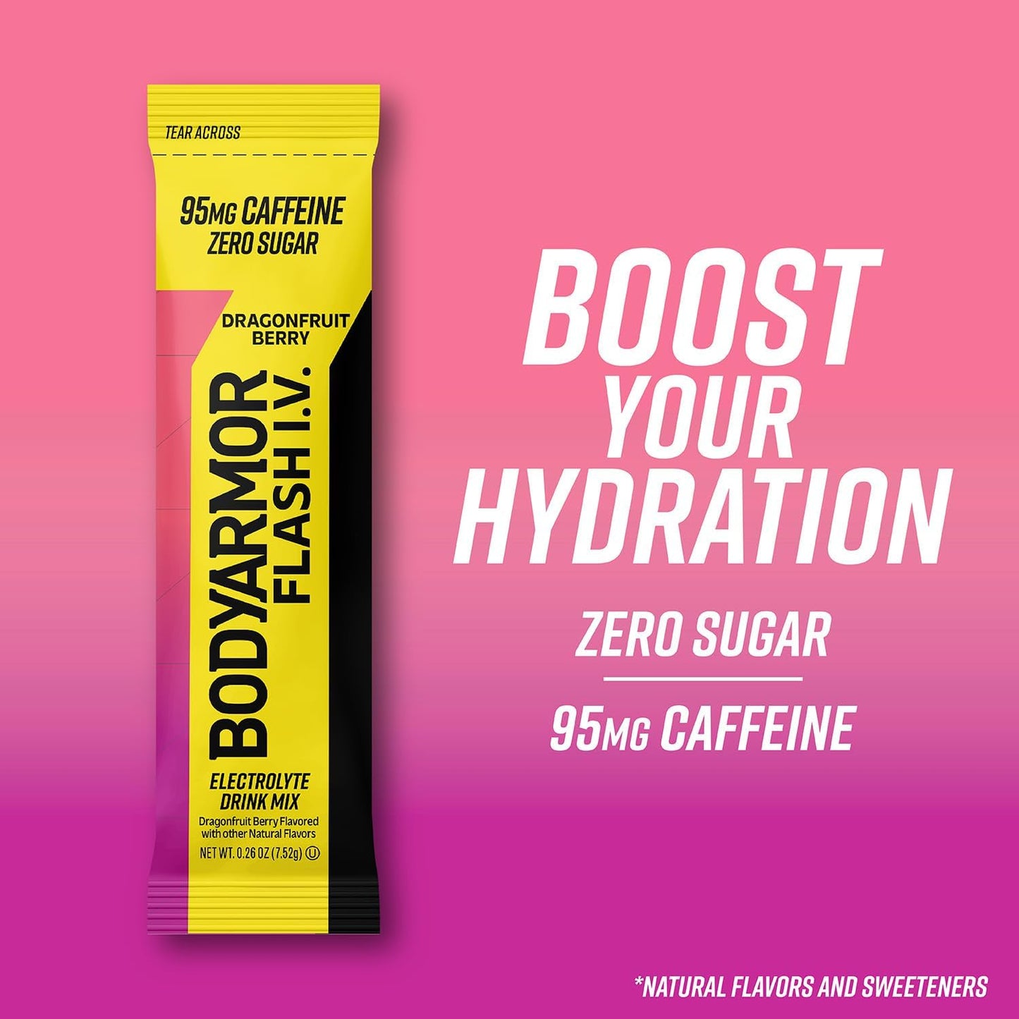 BODYARMOR Caffeinated Flash I.V. Electrolyte Packets - Dragonfruit Berry - Zero Sugar Energy Drink Mix, Single Serve Packs, Hydration for Pre Workout, Travel Essentials, Active Lifestyle (6 Count)