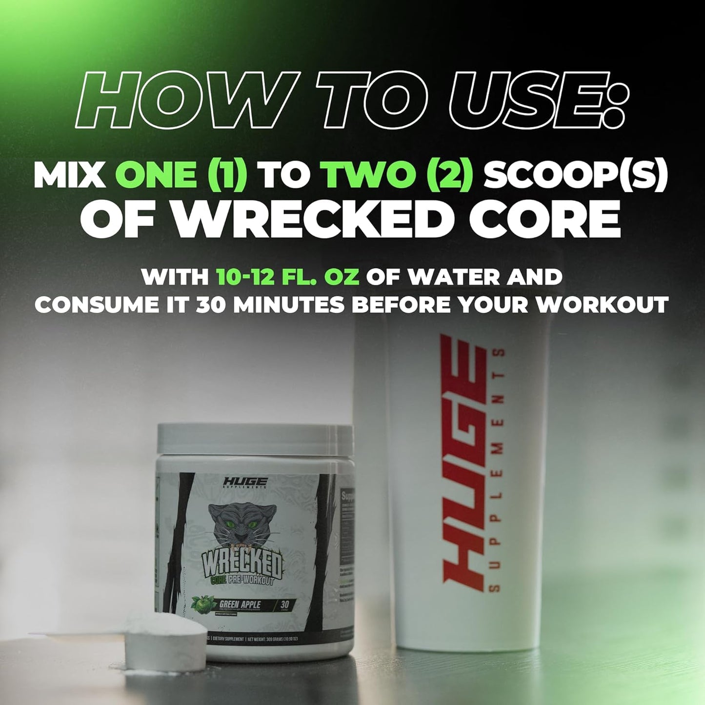 Wrecked Core - All-in-One Pre-Workout Supplement for Men & Women, Increase Energy, Focus & Pumps with L-Citrulline, Beta-Alanine, L-Tyrosine & More (30 Servings) - Green Apple