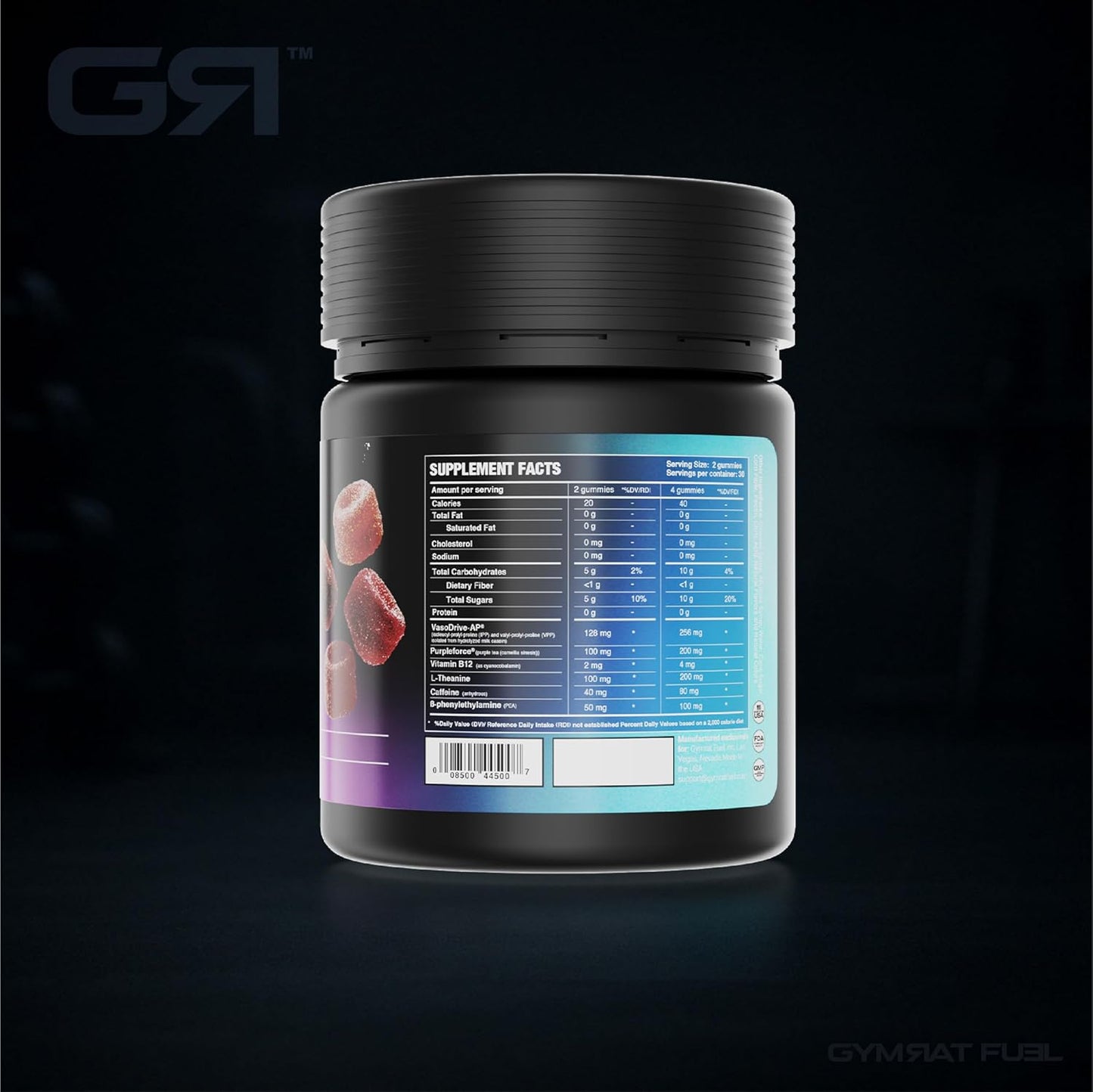 GymRat Pre Workout Gummies – Sour Berry Flavor, Intense Energy & Focus, First with Purple Force™, Vasodrive-AP, Guarana, Pea & L-Theanine – USA Made & GMP Certified (60 Ct)