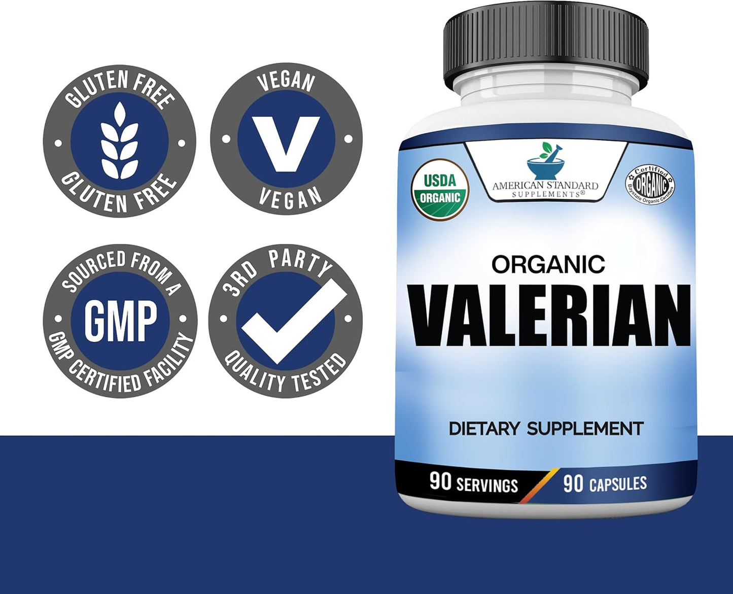 American Standard Supplements Organic Valerian – Vegan, Gluten Free, Non-GMO, 90 Capsules, 90 Servings