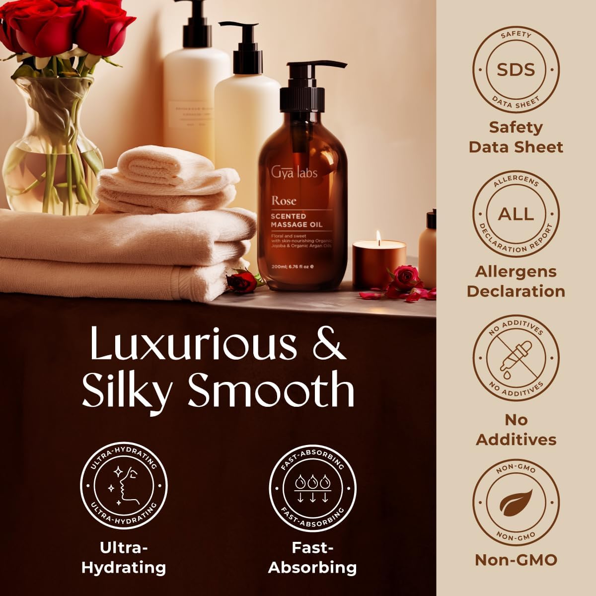 Gya Labs Rose Massage Oil - 6.76 Fl Oz - Non-Greasy Formula for Sore Muscles, Deep Relaxation & All Skin Types - Suitable for Men & Women