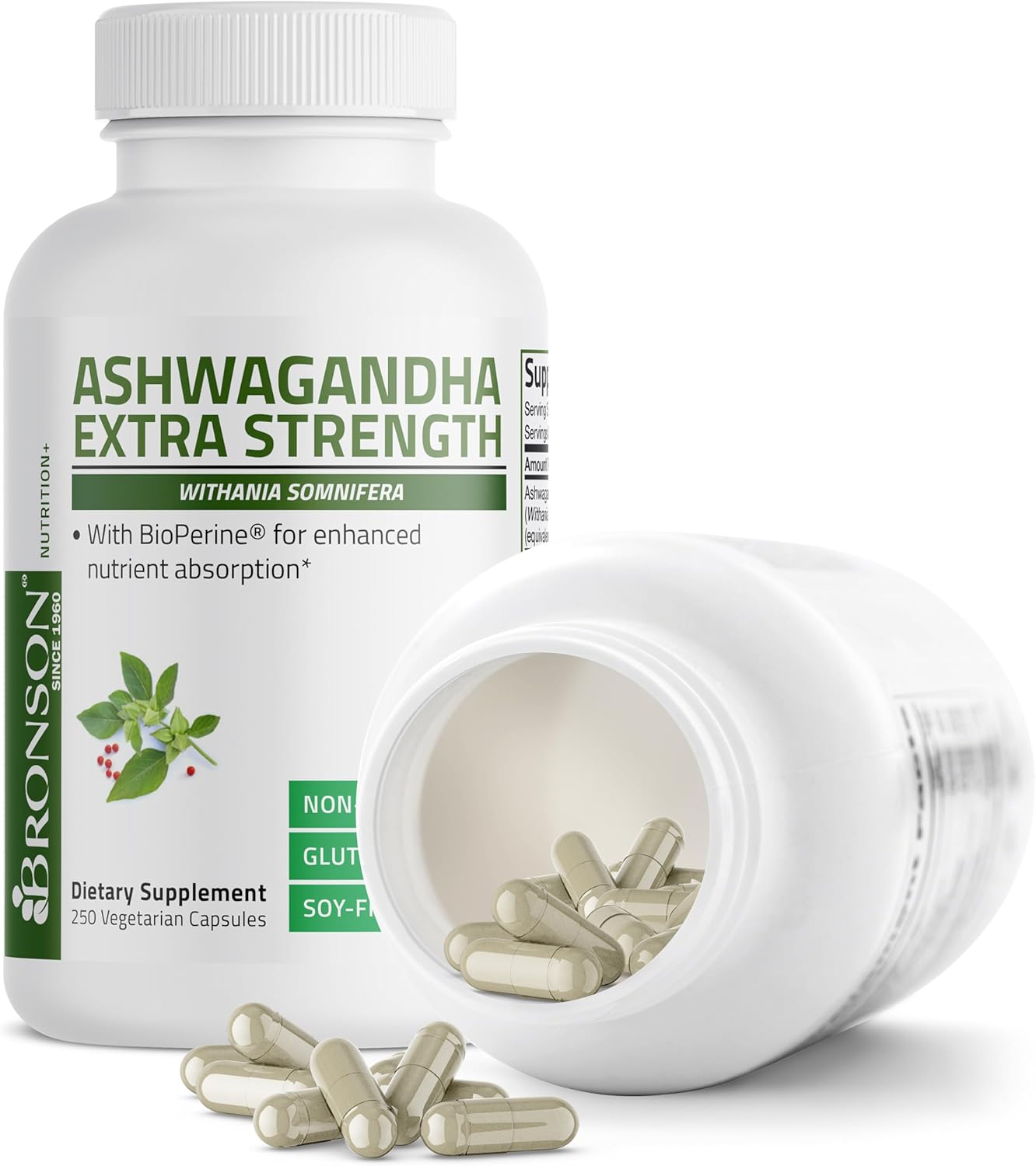 Bronson Ashwagandha Extra Strength Stress & Mood Support with BioPerine - Non GMO Formula, 250 Vegetarian Capsules