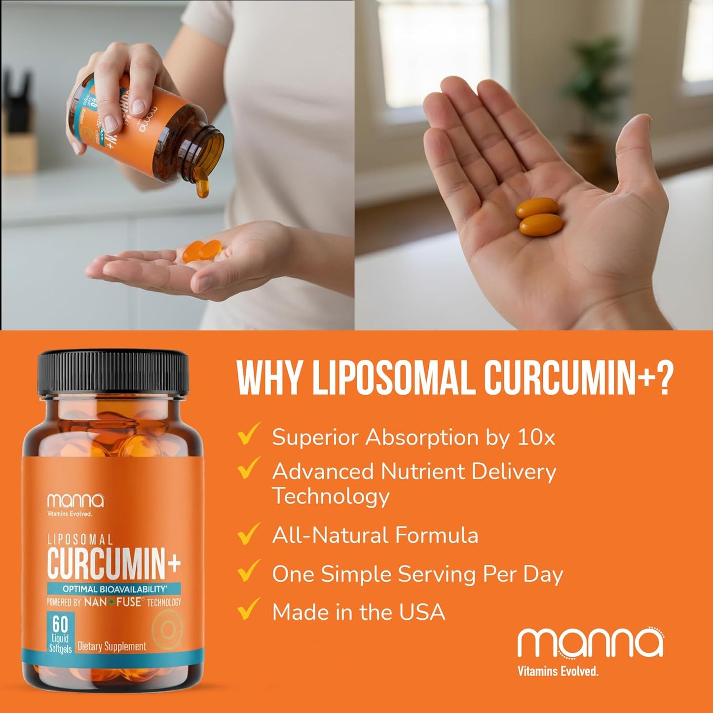 Manna Vitamins Evolved Liposomal Curcumin+ Softgels for Advanced Absorption Best Turmeric Supplement for Daily Joint & Immune Health Support - Non-GMO, 500mg Curcuminoids (60ct)
