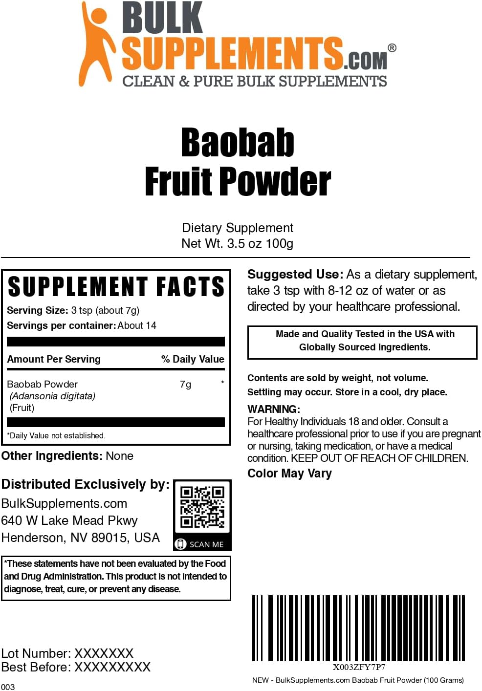BulkSupplements.com Baobab Fruit Powder - Baobab Supplement, Antioxidant Supplement - Gluten Free, 7g per Serving, 100g (3.5 oz) (Pack of 1)