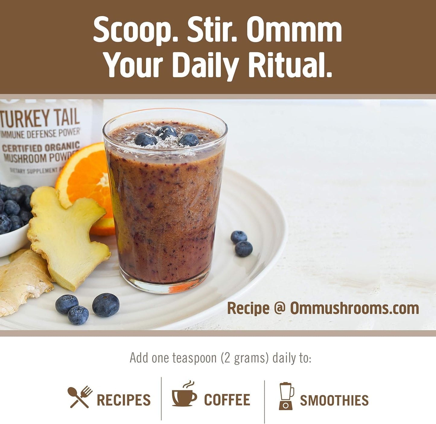 Om Mushroom Superfood Turkey Tail Organic Mushroom Powder, 3.5 Ounce, 50 Servings, Immune Support, Polysacchrides, Beta-Glucans, Gut Health & Holistic Defense Mushroom Supplement