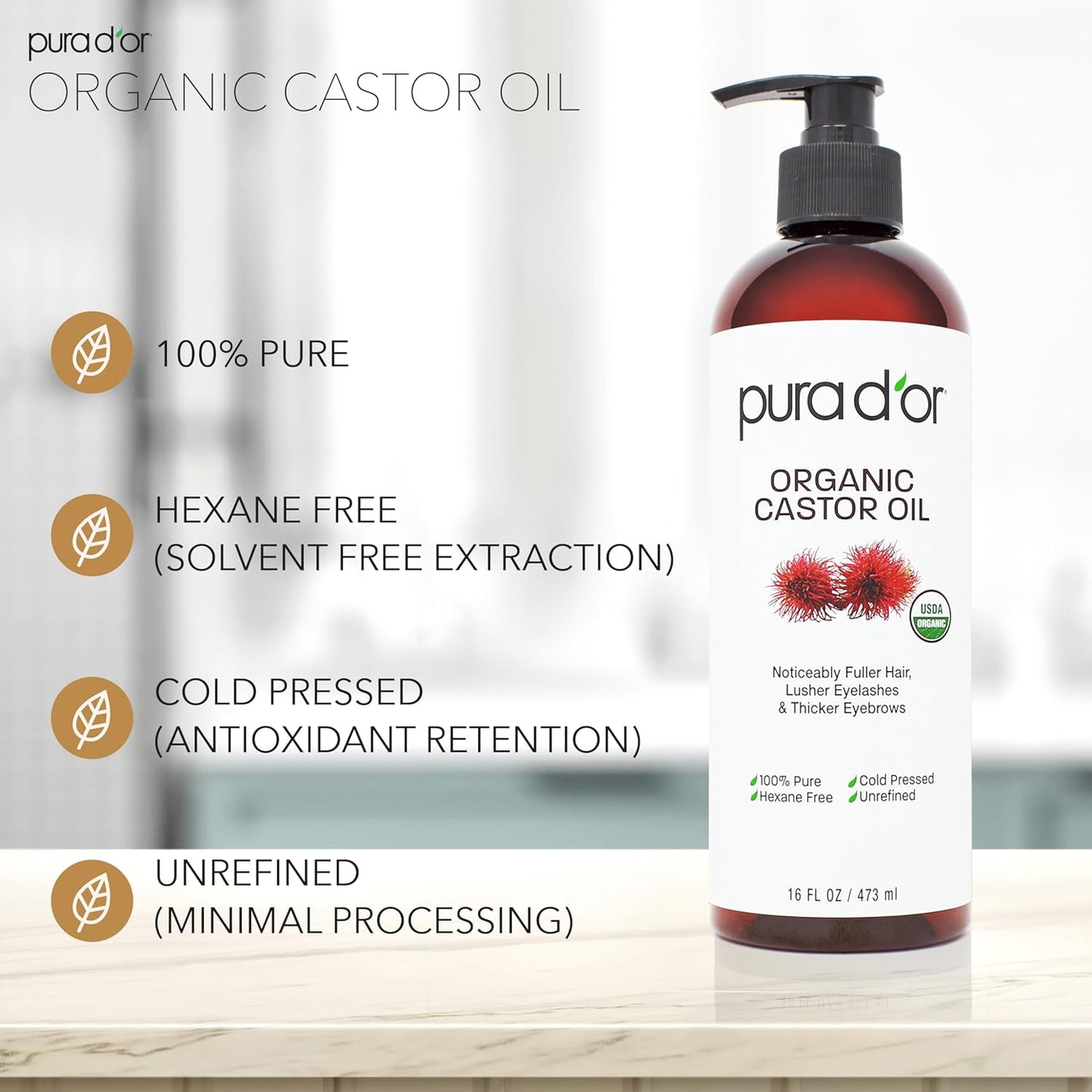 PURA D'OR 16 Oz Organic Castor Oil – Pure Cold-Pressed Hexane-Free USDA Certified – Lashes Brows Hair Scalp Skin – Botanical Moisturizer for Softness Strength Hydration Shine Radiance – Bulk Size