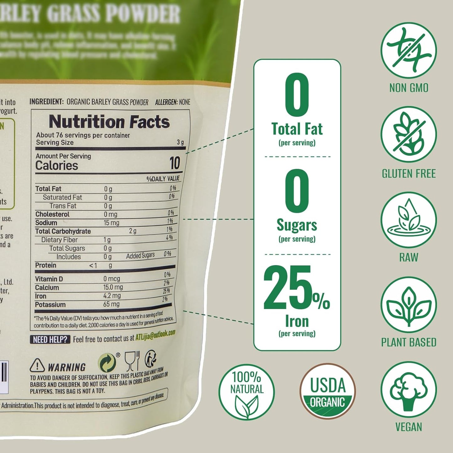 Organic Barley Grass Powder, 100% USDA Certified - Rich in Vitamins, Minerals & Chlorophyll, Natural Detox, Digestive Health & Energy Boost - 8 oz, Vegan, Non-GMO, Gluten-Free
