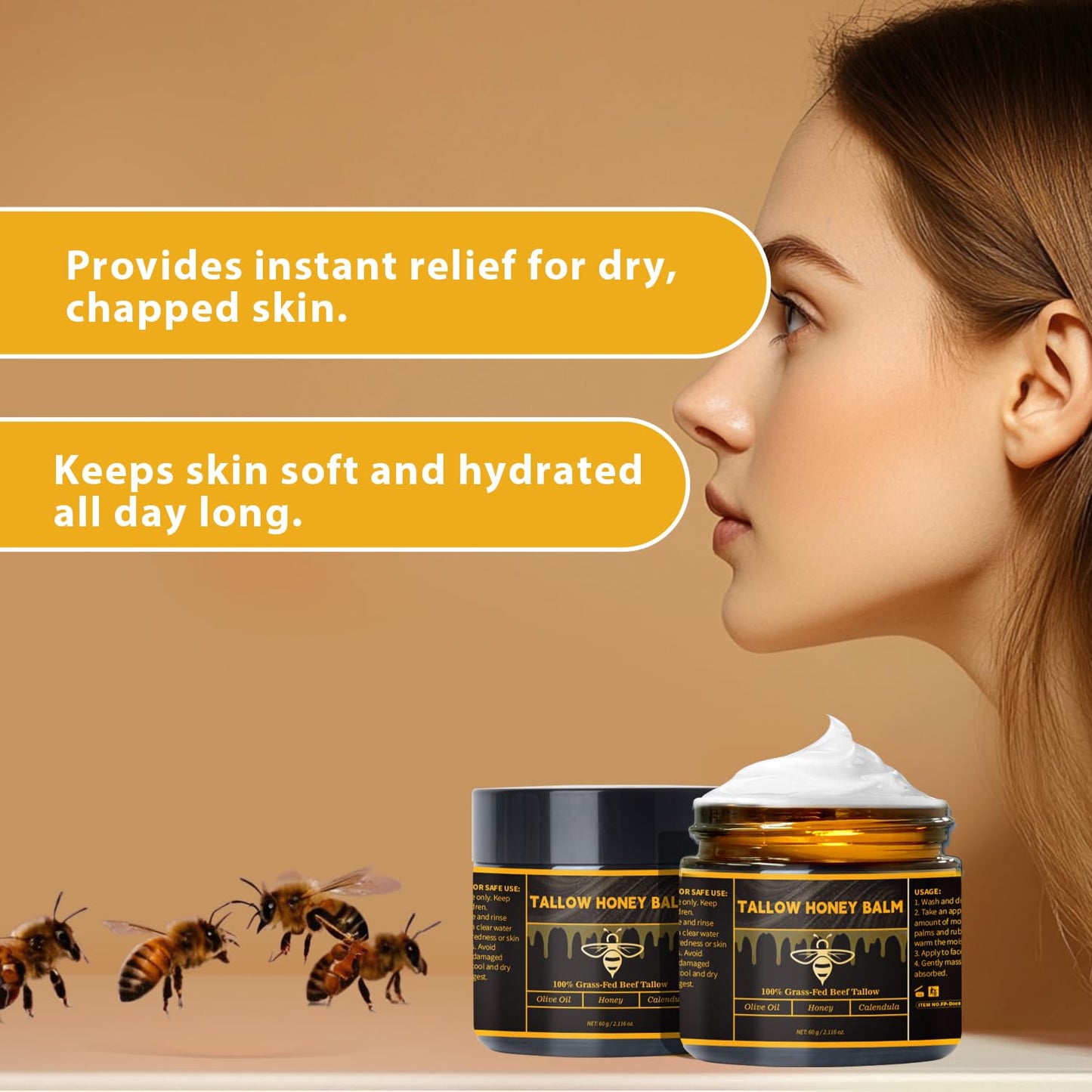 Beef Tallow for Skin, Beef Tallow for Face| Natural Grass-Fed Beef Tallow Moisturizer | Deep Hydration with Organic Raw Wild Honey & Beeswax | Face & Body Formula | Lightly Scented