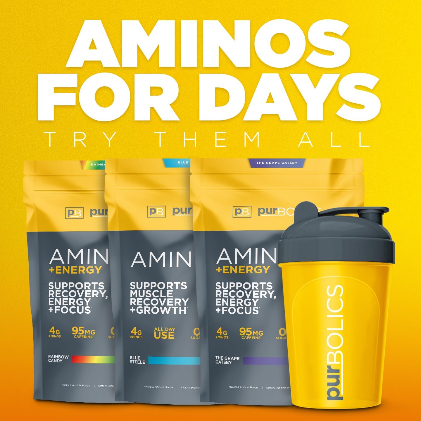 Purbolics Aminos + Energy | Supports Recovery, Energy & Focus | 95mg of Caffeine, 0 Sugar & 60 Servings (The Grape Gatsby)