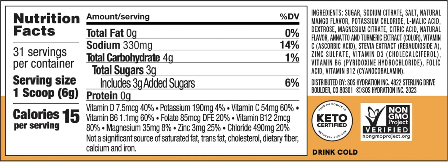 SOS Hydration Electrolyte Drink Mix (31 Servings) – Low Sugar, 15 Calorie, Keto-Friendly & Rapid Rehydration (31 Servings, Mango)