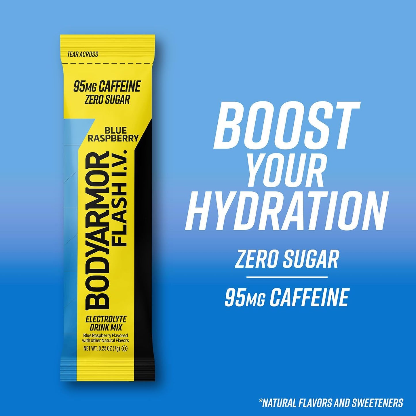 BODYARMOR Caffeinated Flash I.V. Electrolyte Packets Blue Raspberry - Zero Sugar Energy Drink Mix, Single Serve Packs, Hydration for Pre Workout, Travel Essentials, Active Lifestyle (6 Count)
