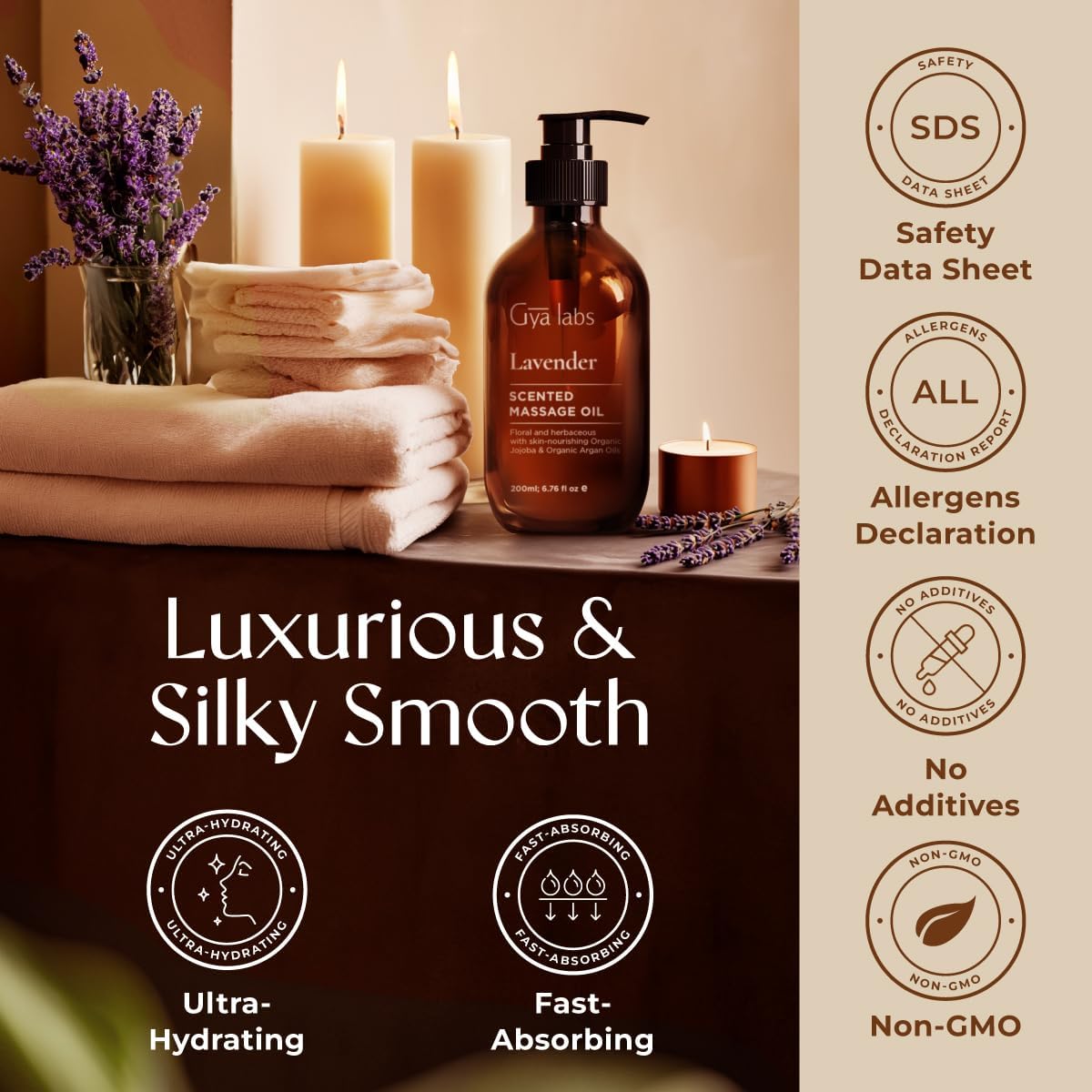 Gya Labs Lavender Massage Oil - 6.76 Fl Oz - Non-Greasy Formula for Sore Muscles, Deep Relaxation & All Skin Types - Suitable for Men & Women