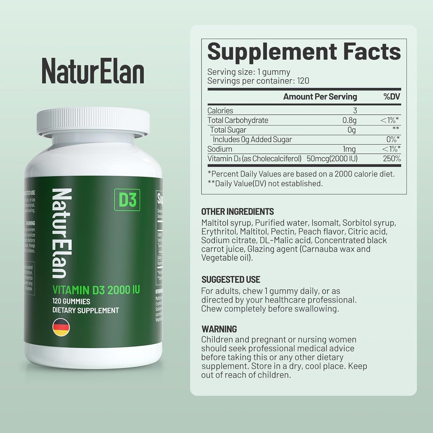 Vitamin D3 Gummies - 120 Gummies, 2000 IU Vitamin D3 per Gummy, Sugar Free, Boost Bones, Mood & Immune System Function, Third Party Tested, Yummy Peach Flavor, Vegan & Gluten Free, 120 Servings