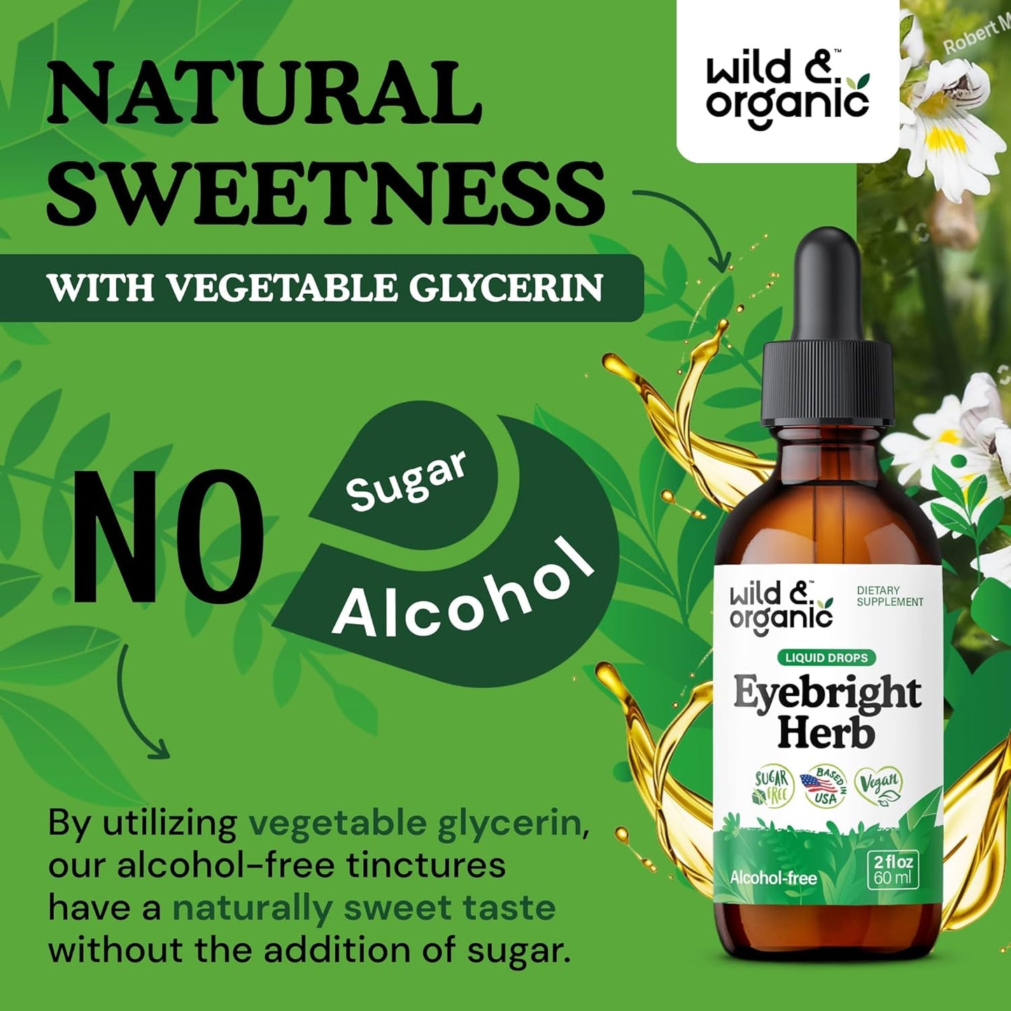 Wild & Organic Eyebright Herb Tincture - Eye Support with Eyebright Supplement - Dietary Euphrasia Extract Liquid Drops - Vegan, Sugar Alcohol-Free - 2 fl oz