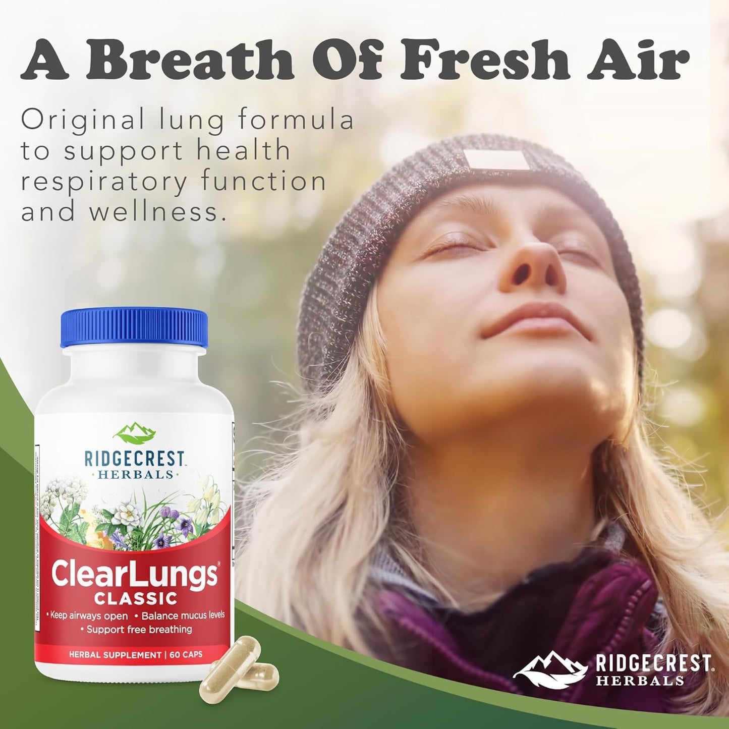 RidgeCrest Herbals ClearLungs Classic, Natural Lung and Nasal Daily Health Supplement for Bronchial, Respiratory, Immune, Sinus, and Mucus Wellness Support, Herbal Formula (60 Caps, 30 Serv)