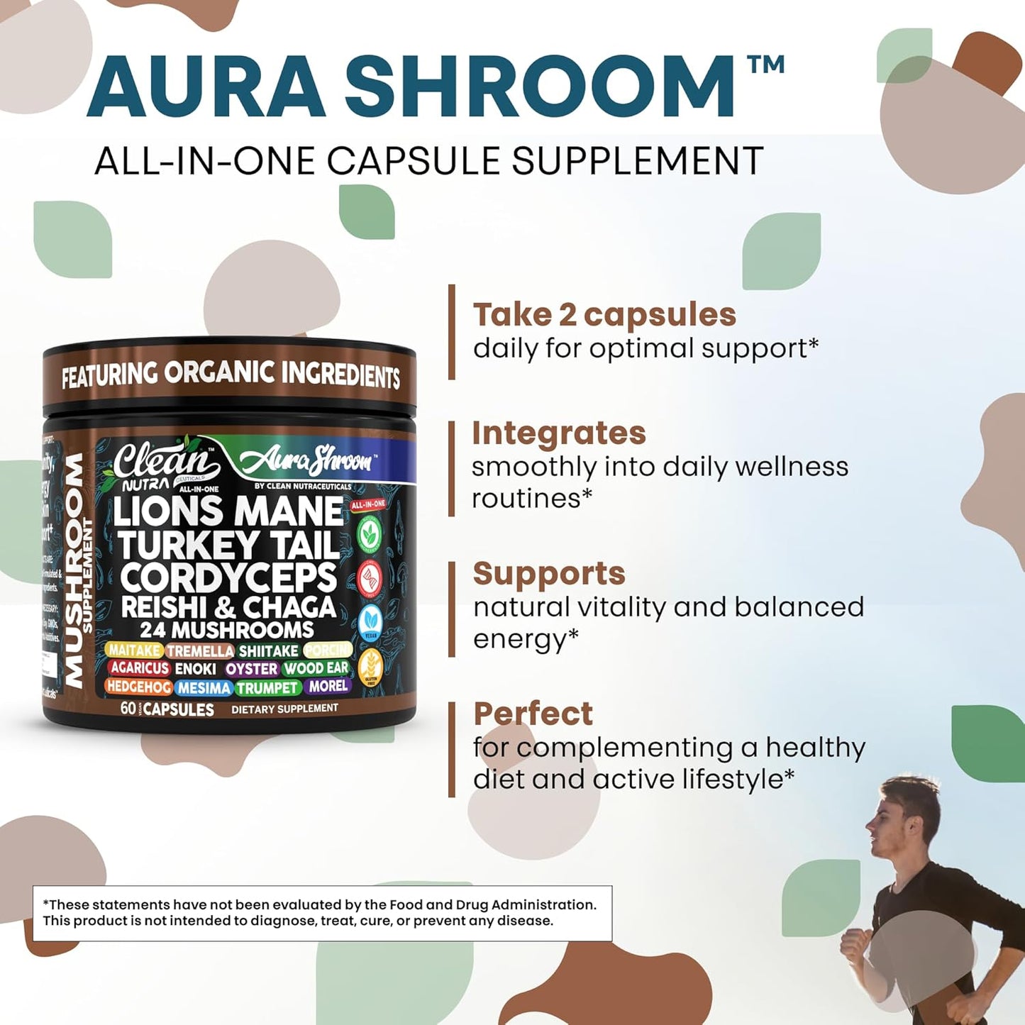 AuraShroom Mushroom Supplement Lions Mane Turkey Tail Cordyceps Reishi Shiitake Chaga Oyster Stress Relief Immune Support Nootropic Energy Portobello Mushrooms 60 Capsules by Clean Nutra