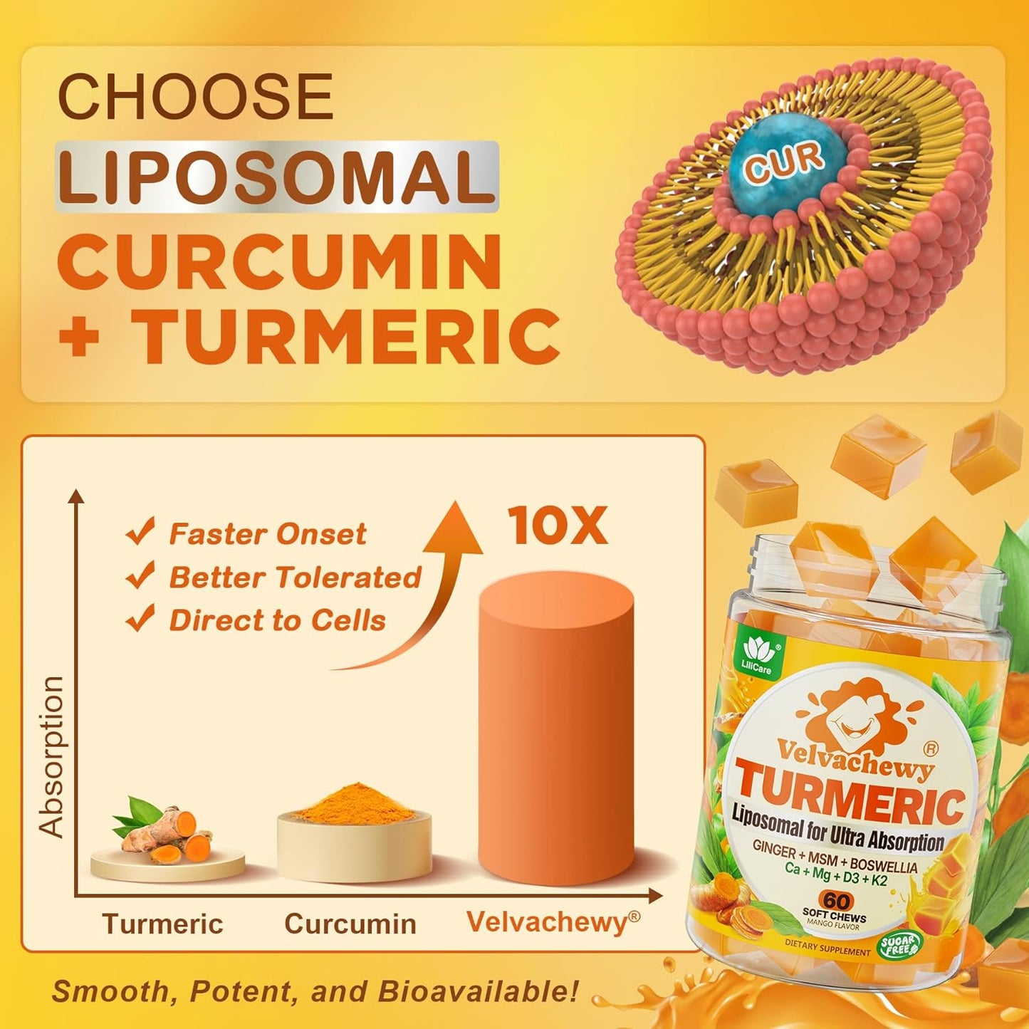 Liposomal Turmeric and Ginger Soft Chews Supplement with Black Pepper, Calcium & Vitamin D3 K2│Ultra High Absorption Liposomal Curcumin + Organic Turmeric Root & Boswellia for Adults, Sugar Free, 60Ct