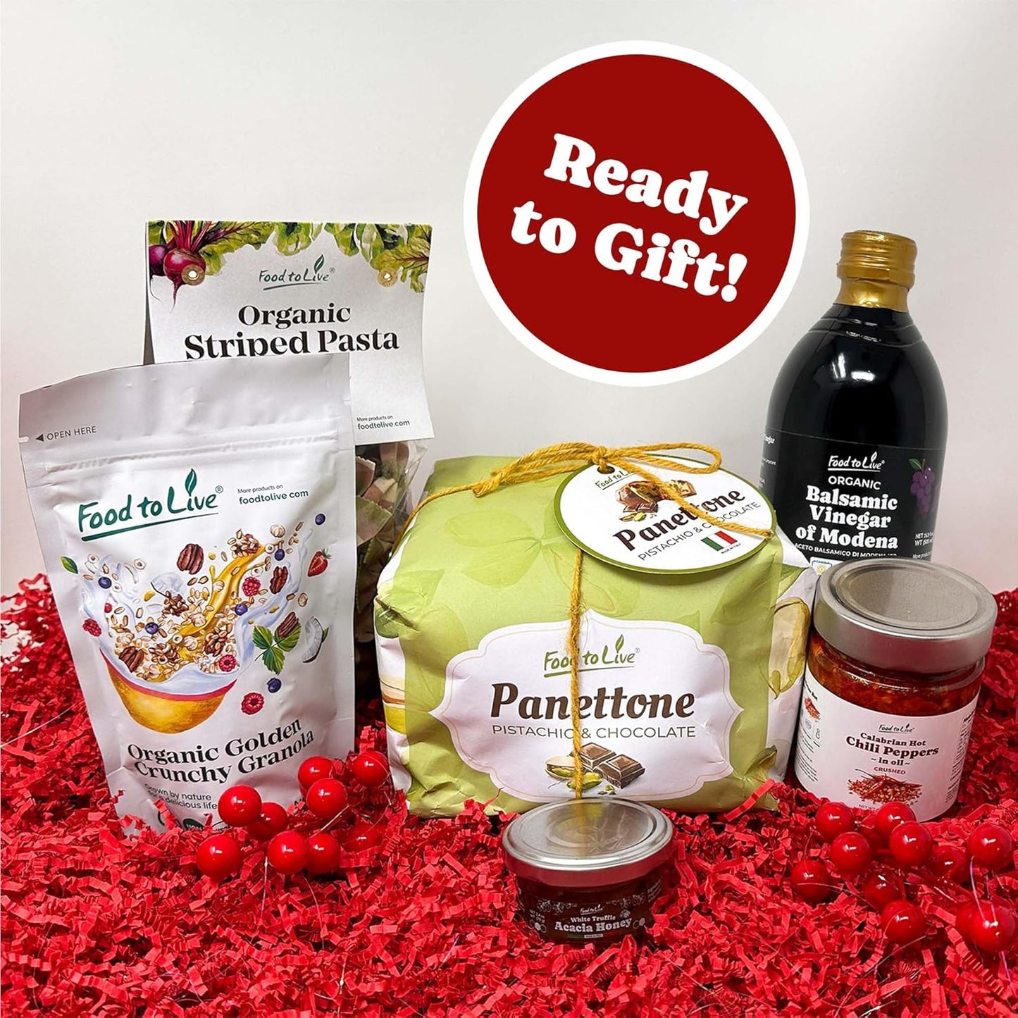 Food To Live Holiday Gift Basket – Italian Pistachio and Chocolate Panettone, Organic Pasta, Organic Balsamic Vinegar, Truffle Honey, Calabrian Hot Chili Pepper and Crunchy Granola