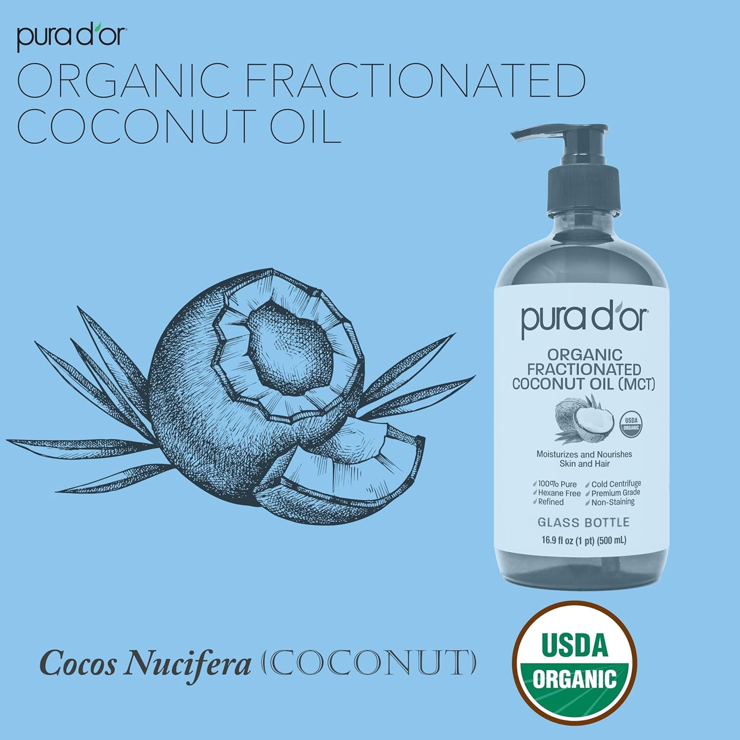 PURA D'OR 16.9 Oz ORGANIC Fractionated Coconut Oil (GLASS BOTTLE) USDA Certified MCT Oil – Therapeutic, Lightweight Moisturizer – Hexane Free Carrier Oil For Essential Oils, Massage – Face, Hair, Body