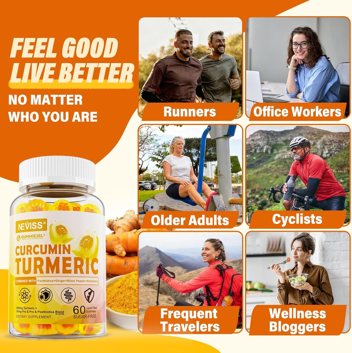 Sugar Free Turmeric Curcumin Filled Gummies 550mg for Adults, Ginger & Black Pepper | 95% Curcuminoids w/Prebiotic Probiotic & Postbiotic Blend, Support, Immune & Digestive Health, Vegan, 2Pack