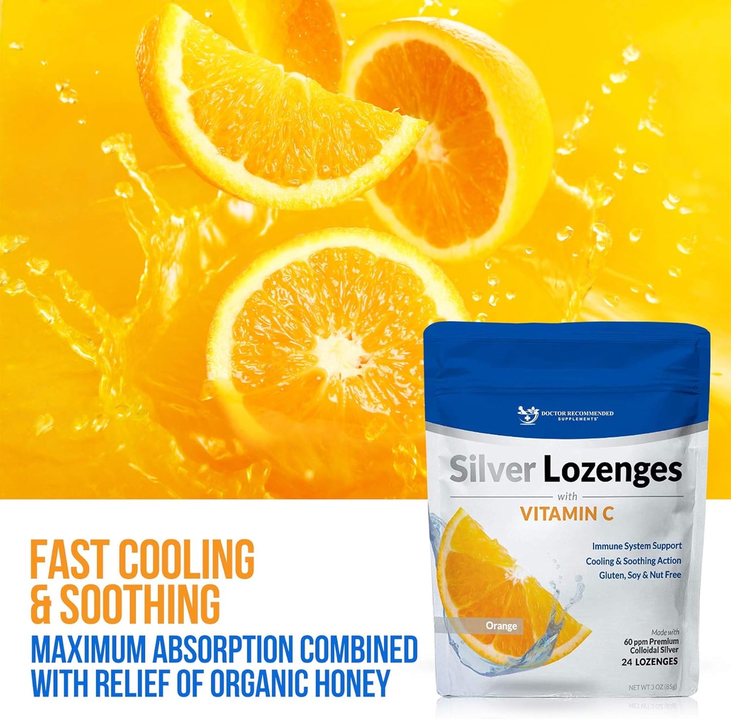Silver Lozenges with Vitamin C - Premium Nano Silver 60 PPM Colloidal Silver, Organic Honey and Vitamin C Mineral Supplement Drops to Support Immune System, Soothe Cough & Throat - 24 Orange Lozenges