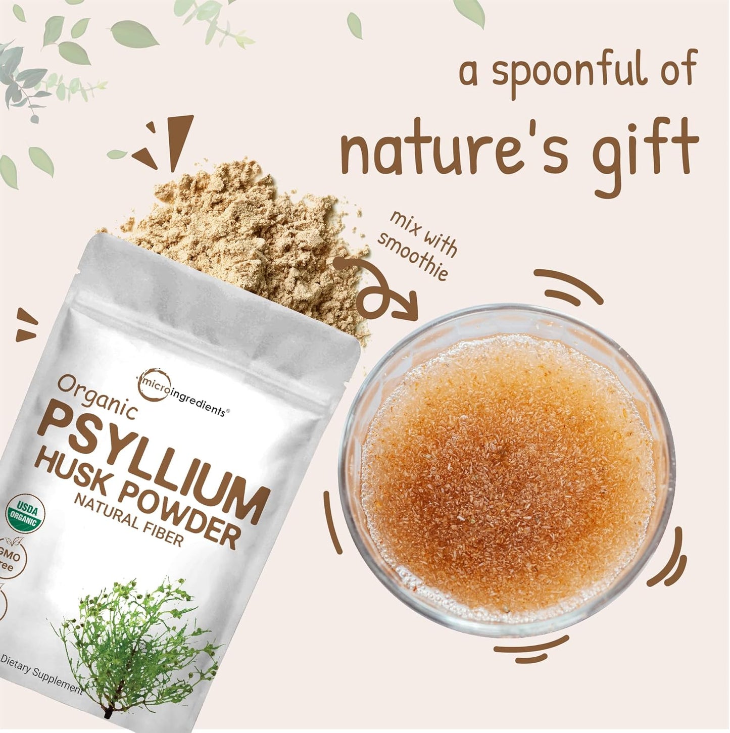 Micro Ingredients Organic Psyllium Husk Powder, 2lbs (32oz) | Daily Soluble Fiber Supplement | India Origin | Natural Prebiotics & Probiotics | Supports Digestive Health|Non-GMO, Keto Friendly, Vegan