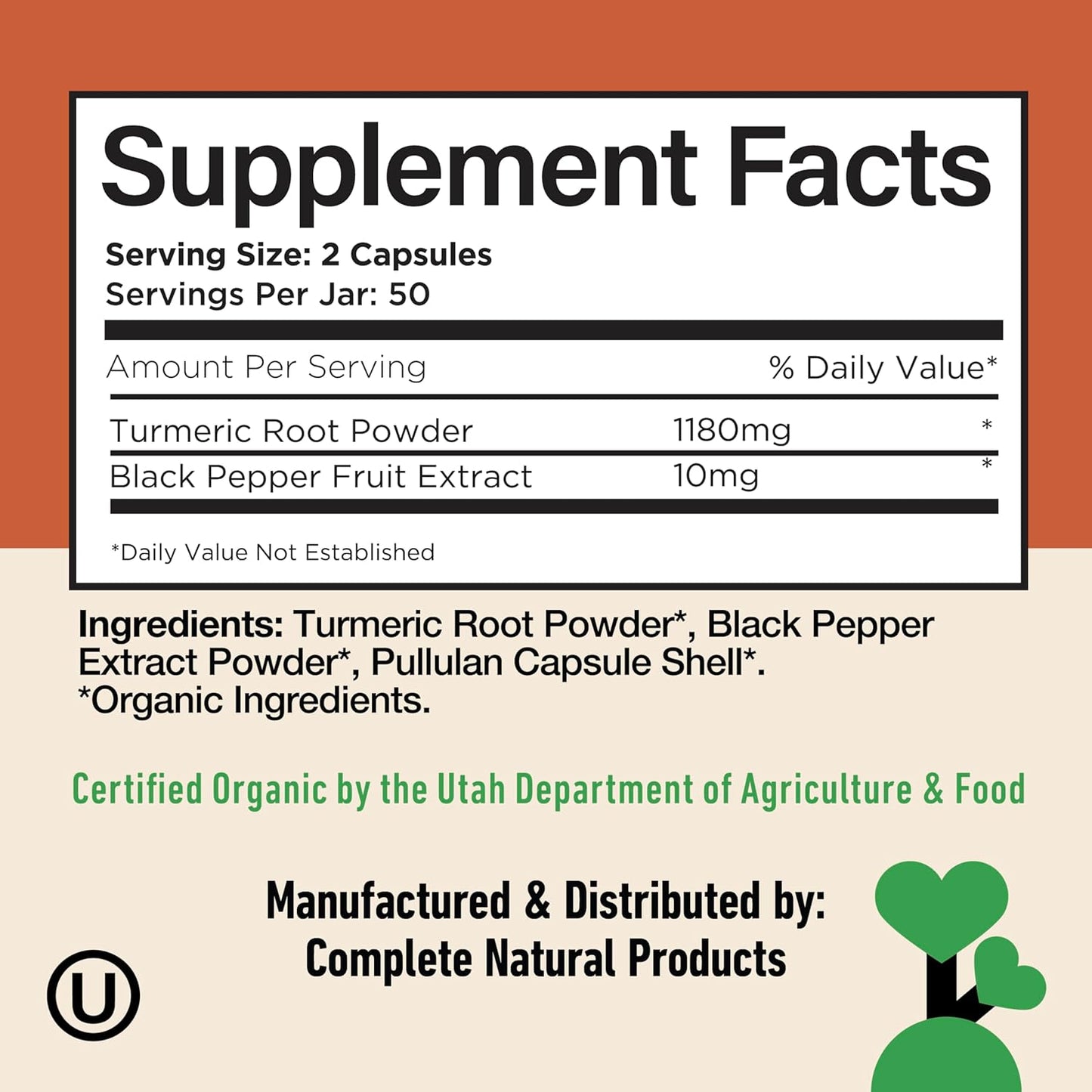 Complete Natural Products Organic Turmeric & Piperine Capsules, 600mg, 100ct, High Absorption Curcumin with Black Pepper, Plant-Based & USA Made