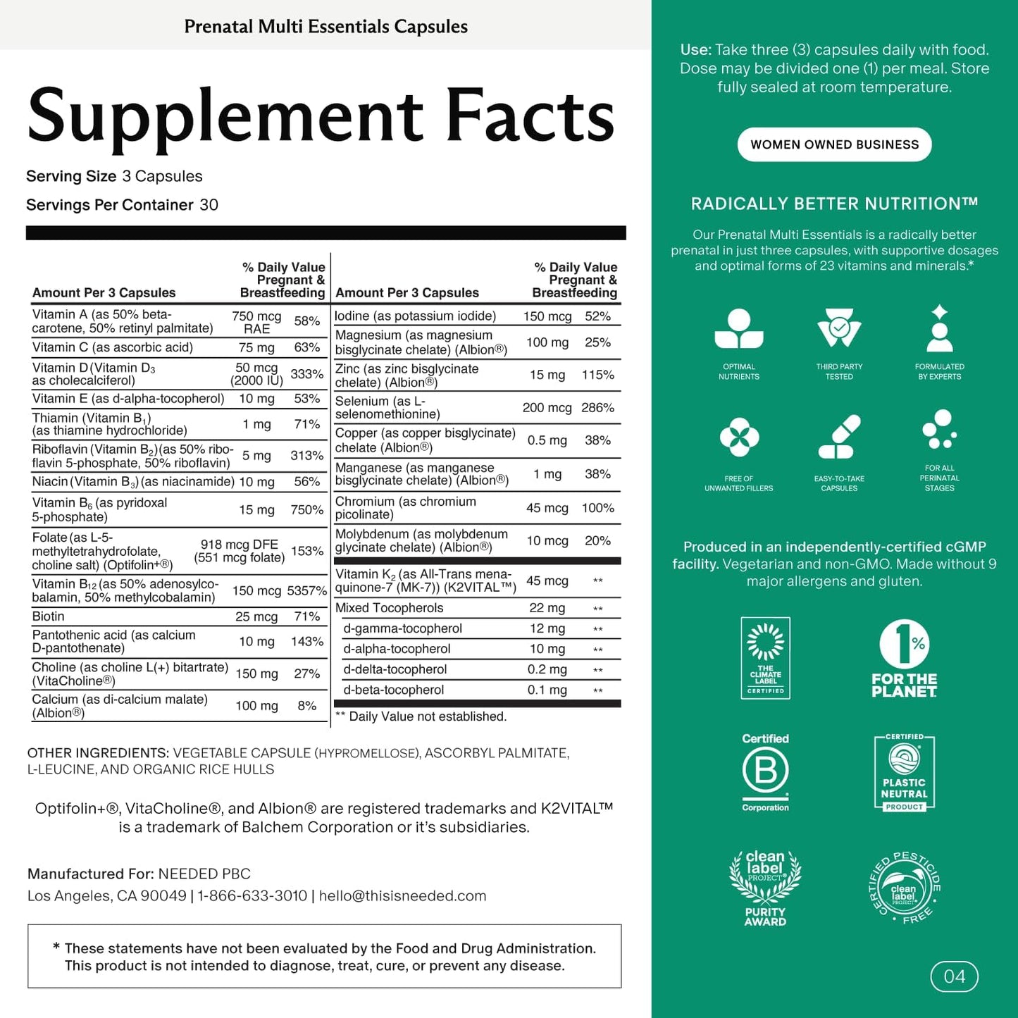 Needed. Multivitamin for Prenatal | Prenatal Multi Essentials Capsule - Pregnancy, Breastfeeding, Postpartum | Expertly-Formulated & Third-Party Tested, Citrus Scent Insert | 30-Day Supply