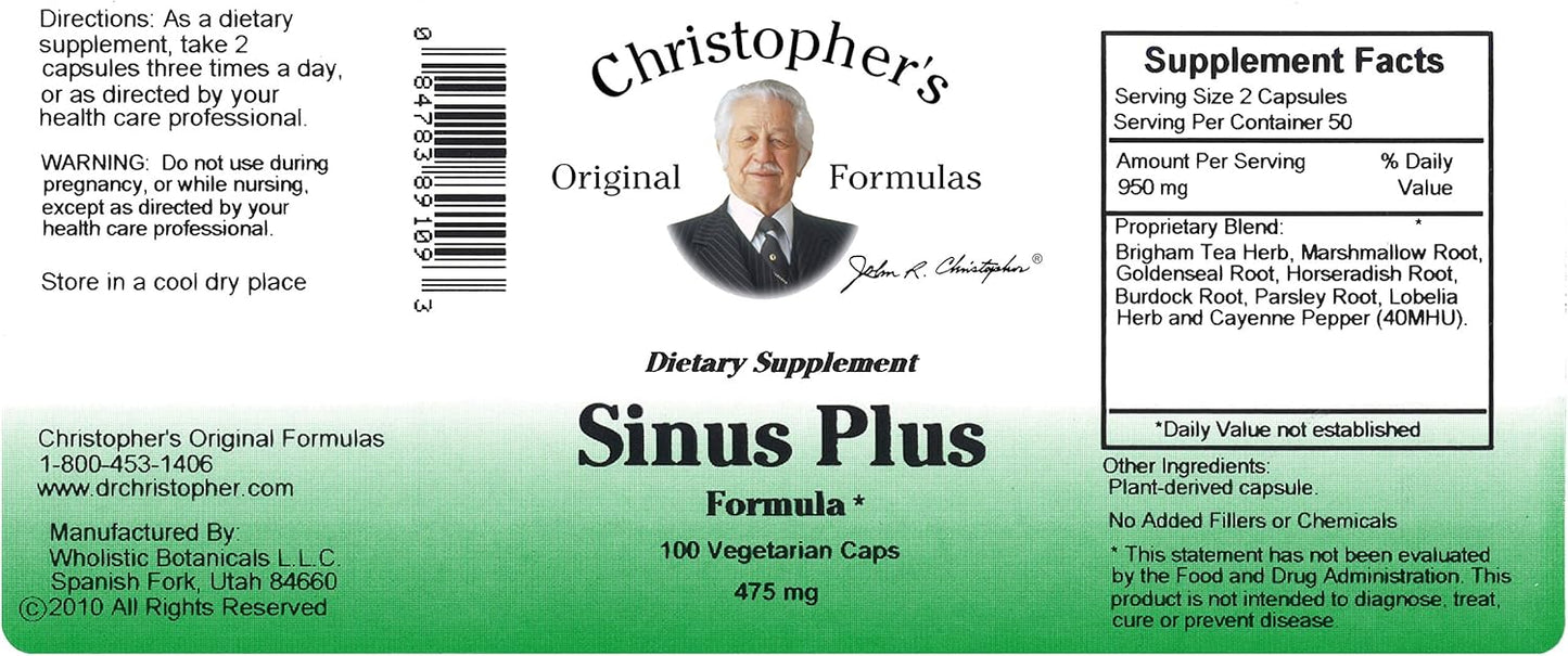 Christopher's Original Formulas Sinus Plus, Sinus Support Capsules, Whole Herb Synergistic Blend, 100 Count