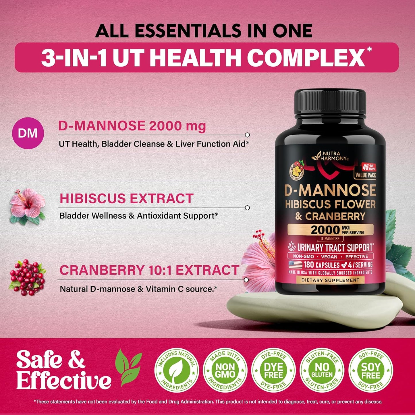 D-Mannose 2000mg with Cranberry & Hibiscus - Clinically Tested Strength for Urinary Tract Health - Supplement for Women - Bladder, Liver & Microflora Support - Made in USA - Vegan, 180 Capsules