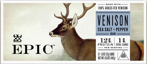 EPIC Bars, Venison Sea Salt and Pepper Bar, Keto Friendly, Whole30 Approved, Gluten Free, 12 Count, 15.6 oz