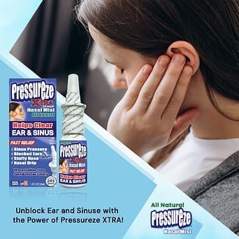 Pressureze Xtra - Natural- Preservative Free - Sterile Nasal Spray - for Severe Sinus Congestion Relief - Opens Blocked Ear Canals, Snoring - 245 Sprays, 34 ml (Pack of 1)