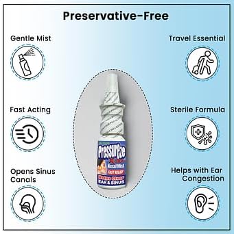 Pressureze Xtra - Natural- Preservative Free - Sterile Nasal Spray - for Severe Sinus Congestion Relief - Opens Blocked Ear Canals, Snoring - 245 Sprays, 34 ml (Pack of 1)