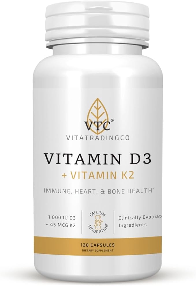 VTC VitaTradingCo. Vitamin D3 + K2 | High Potency, Bioactive Forms | 1000iu D3 + 45mcg MK-4 K2 | Boost Calcium Absorption | Immune, Heart, & Bone Support | 120 Capsules