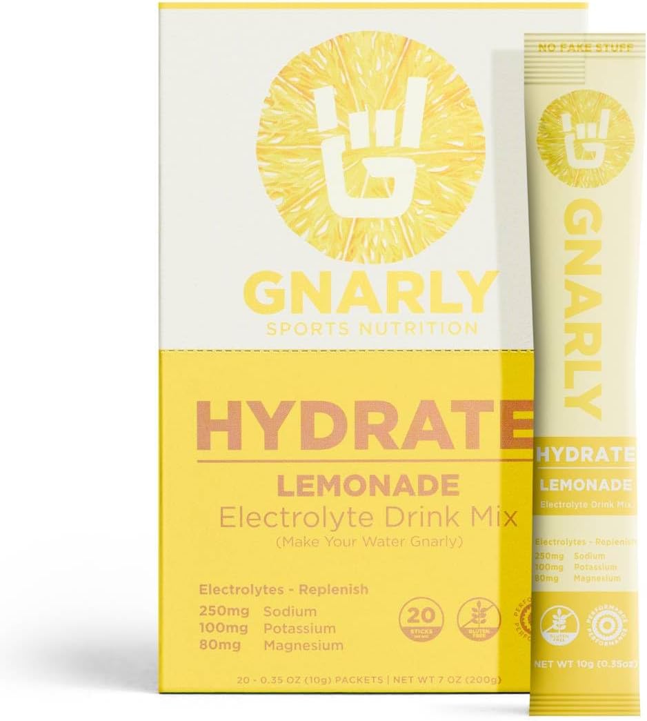 Gnarly Nutrition Hydrate Electrolyte Powder – Lemonade Exercise Hydration Drink Mix – NSF Contents Certified – Electrolyte Solution, Performance & Recovery – Lemonade, Box of 20 Stick Pack