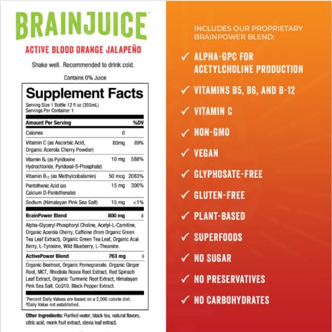 BrainJuice Variety Pack, Daily Brain Supplement Drink with Vitamins, Amino Acids & Natural Green Tea | Sugar-Free, Vegan, Gluten-Free, Non-GMO, 12 fl oz (4-Pack)