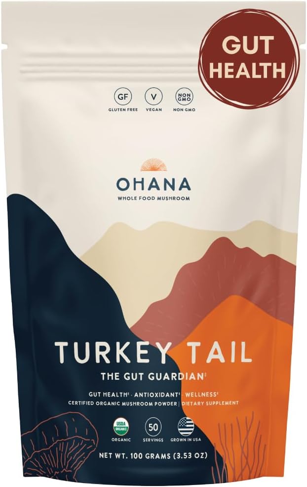 Ohana Turkey Tail, Organic Mushrooms Powder Blend, USDA-Organic Whole Food Mushroom Supplement, Non-GMO, Gluten-Free, 3.53 oz Bag, Pack of 1
