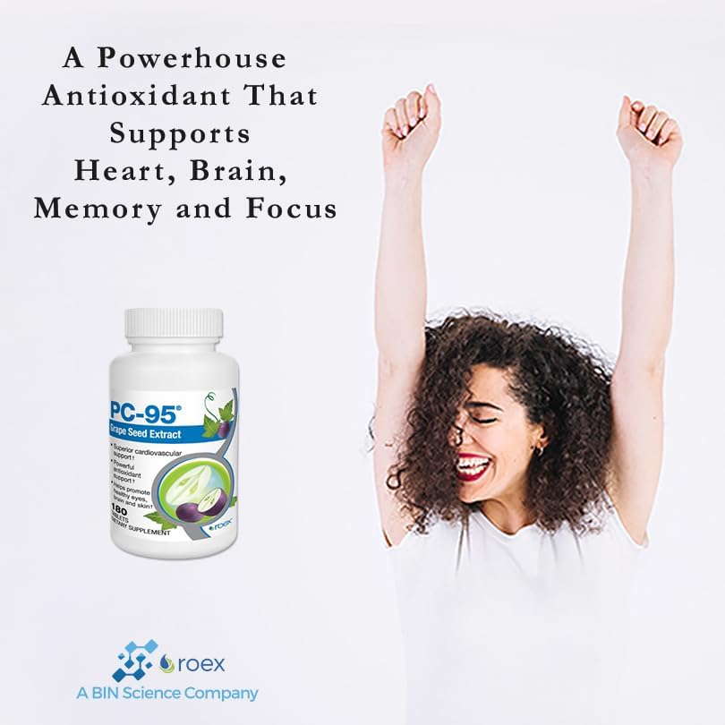 Roex Vitamins | PC-95 Grape Seed Extract | Dietary Supplements | Stress Relief | Healthy Eyes | Healthy Brain | Healthy Skin | Cardiovascular Support | 180 Count