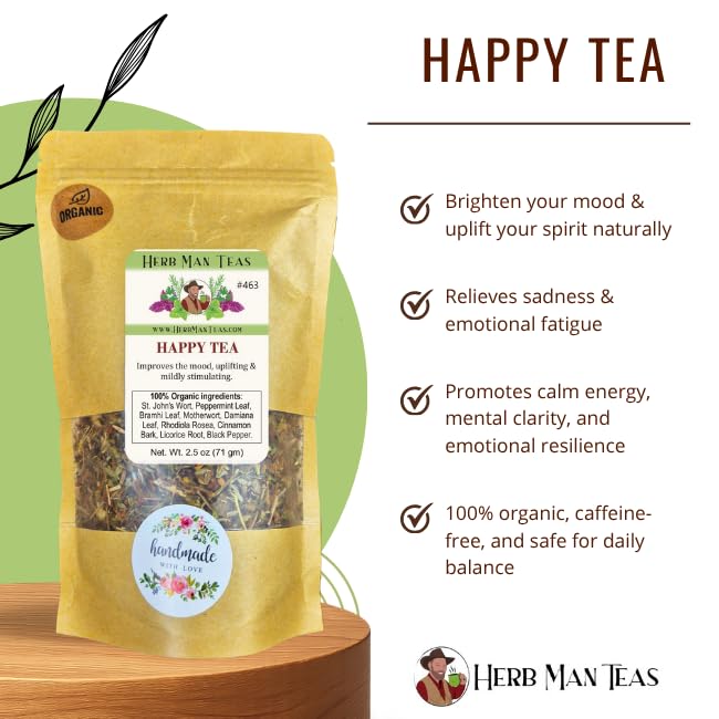 HAPPY TEA — Pleasant Organic Herbal Blend for a Feel-Good Daily Boost — by Master Herbalist Khabir — 100% Organic, Non-GMO, No Additives