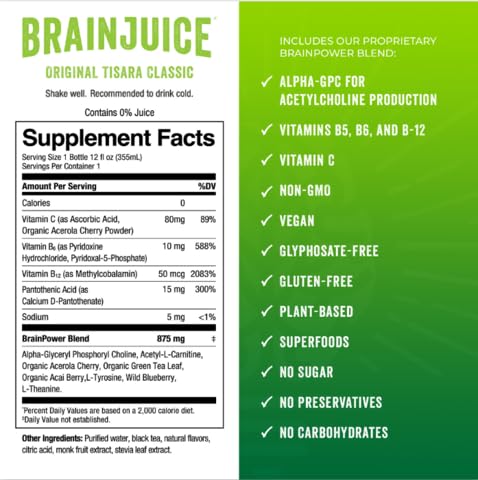 BrainJuice Variety Pack, Daily Brain Supplement Drink with Vitamins, Amino Acids & Natural Green Tea | Sugar-Free, Vegan, Gluten-Free, Non-GMO, 12 fl oz (4-Pack)