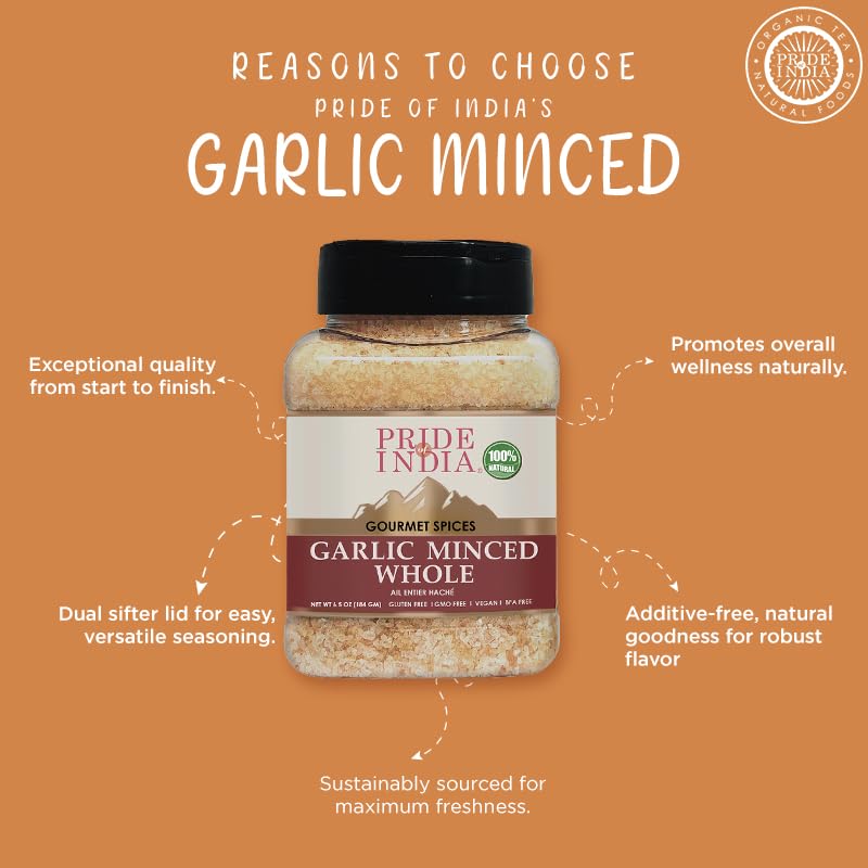 Pride Of India- Garlic Minced Whole- 7oz (200gm)- Made from whole, fresh garlic cloves to give finely grated uniform strips - GMO Free, Vegan, Gluten-Free, and No Artificial Colors