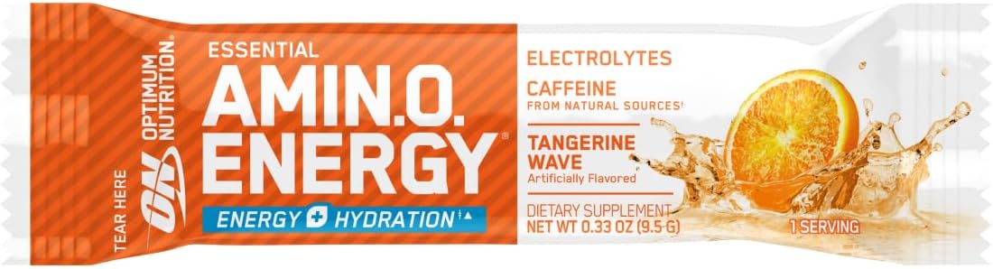 Optimum Nutrition Essential Amino Energy Plus Electrolytes Stick Packs, Energy Powder, Tangerine Wave, 7 Count