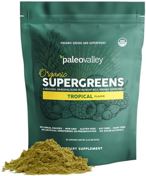 Paleovalley Organic Supergreens Powder - 23 Superfoods with Prebiotic Fiber for Energy and Immunity Support - No Cereal Grasses for Maximum Absorption - Tropical, 28 Servings