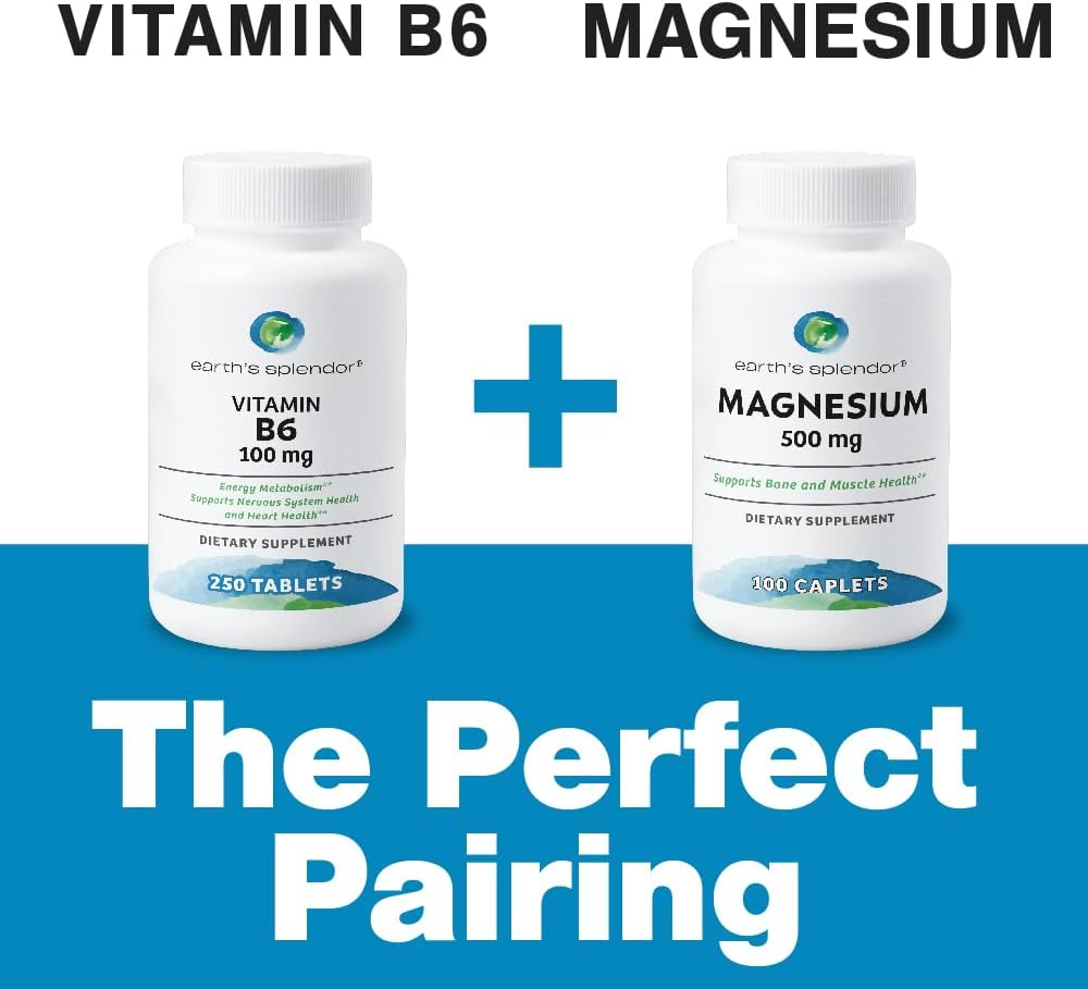 Earth's Splendor Energy Supplement Vitamin B6 for Men & Women, No Artificial Color or Preservatives, Non-GMO, Supports Energy Metabolism and Red Blood Cell Production (100mg, 250 Tablets)