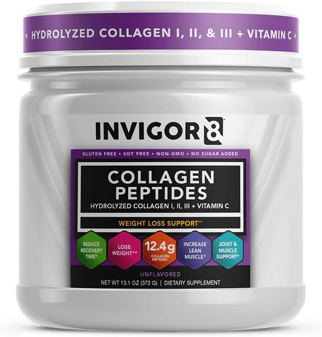 INVIGOR8 Collagen Peptides Powder Hydrolyzed + Vitamin C Hydrolyzed Type I, II, & III + Vitamin C Unflavored Non-GMO Grass-Fed Supplement Supports Joints, Skin, Hair, Nails and Anti-Aging (12.4g)
