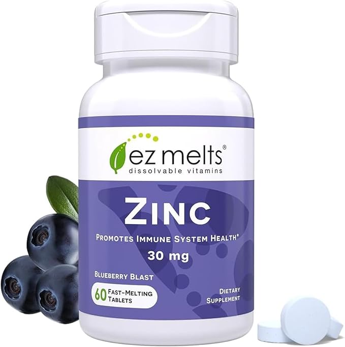 EZ Melts Zinc - Supplement for Immune, Digestive & Skin Health Support - Non-GMO, Vegan & Gluten-Free - Blueberry Blast - 60 Dissolvable Tablets (60 Servings)