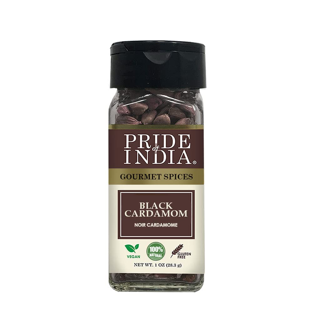 Pride of India – Black Cardamom Whole – Cardamom Pods – Firm & Smoky Flavor – Freshly Dried – Ideal for Indian & Asian Cooking – Easy to Use – 1 oz. Small Dual Sifter Bottle