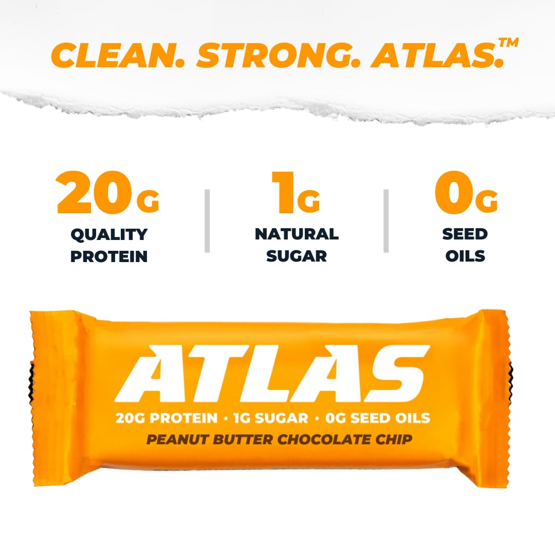 Atlas Bar – 20g Protein, 1g Sugar, 0g Seed Oils, 0g Artificial Sweeteners (Peanut Butter Chocolate Chip, 36 Count)