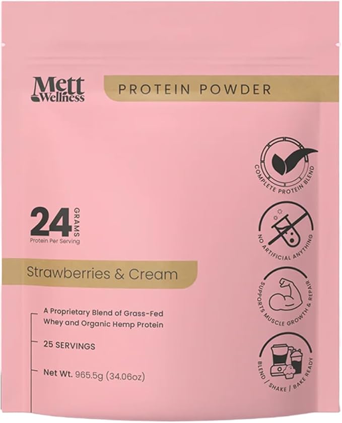 Strawberries & Cream Grass-Fed Whey + Hemp Heart Protein Powder with Bovine Collagen | 24g Protein per Serving | Supports Digestion & Daily Wellness | 1.5 lbs (25 Servings)